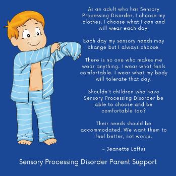 little boy with sensory processing disorder putting on sensory friendly clothing 
