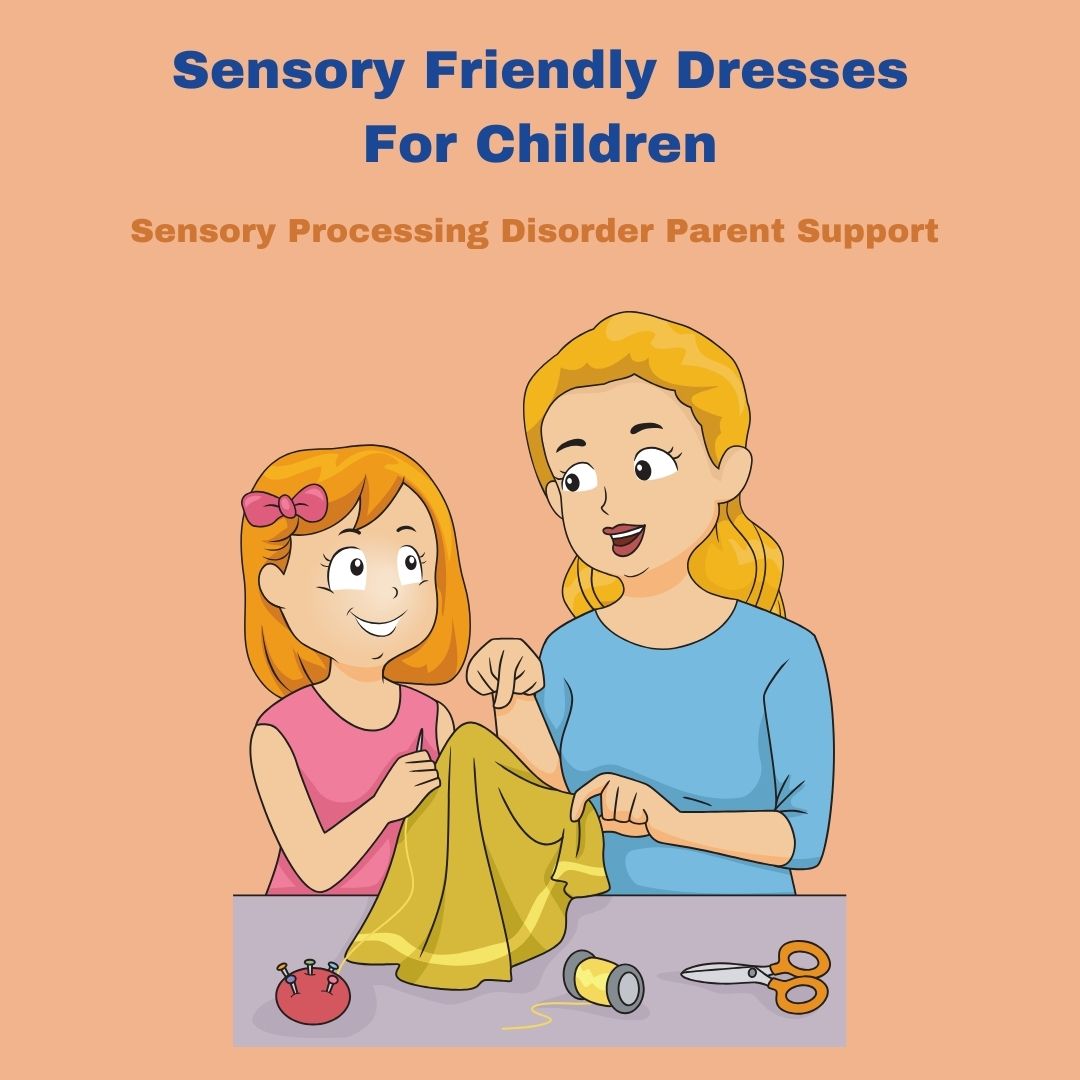 little girl with mom sewing sensory friendly dresses for children 